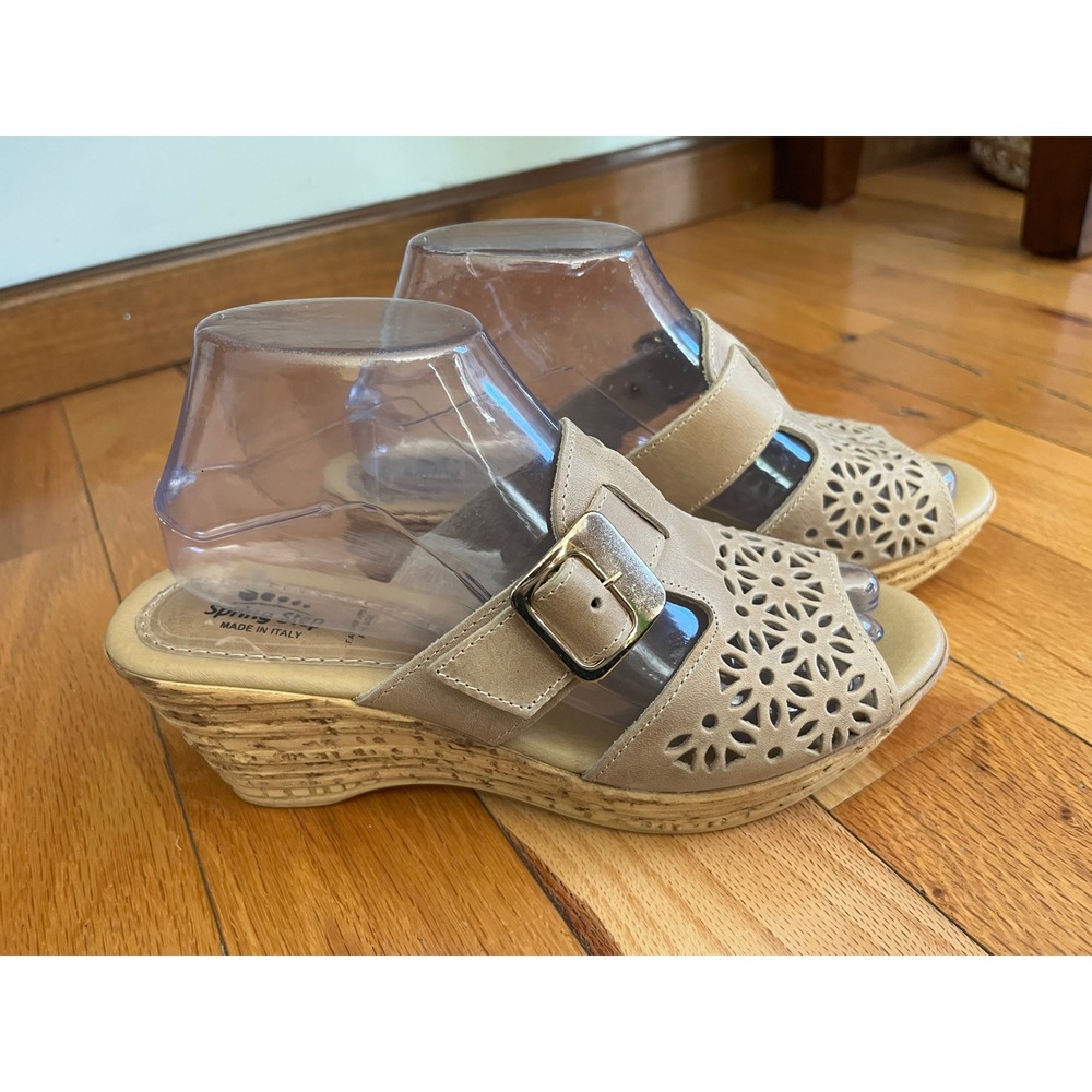 Spring Step Womens Wedge Sandals 39/US‎ 7.5-8 Tan Made in Italy Leather